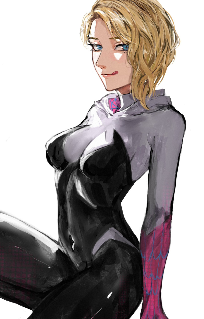 1girl blonde_hair blue_eyes bodysuit breasts covered_navel gwen_stacy highres hood hoodie licking_lips looking_at_viewer marvel medium_breasts multicolored_clothes raberu_ruru simple_background skin_tight spider-gwen spider-man:_across_the_spider-verse spider-man:_into_the_spider-verse spider-man_(series) spider_web_print thighs tongue tongue_out upper_body white_background