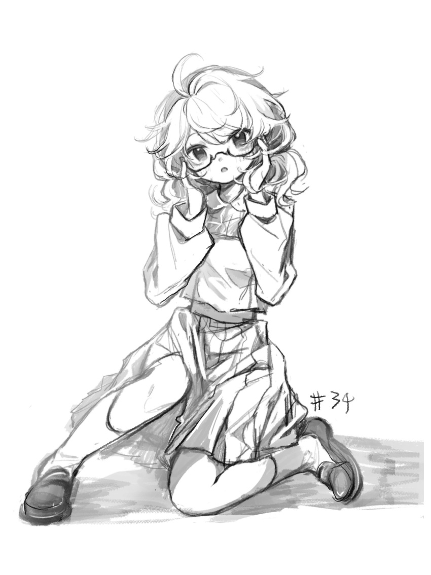 1girl 80isiiii absurdres blush full_body glasses grey_hair greyscale highres long_sleeves looking_at_viewer monochrome open_mouth pleated_skirt semi-rimless_eyewear shirt shoes short_hair simple_background sketch skirt socks solo touhou under-rim_eyewear usami_sumireko white_background