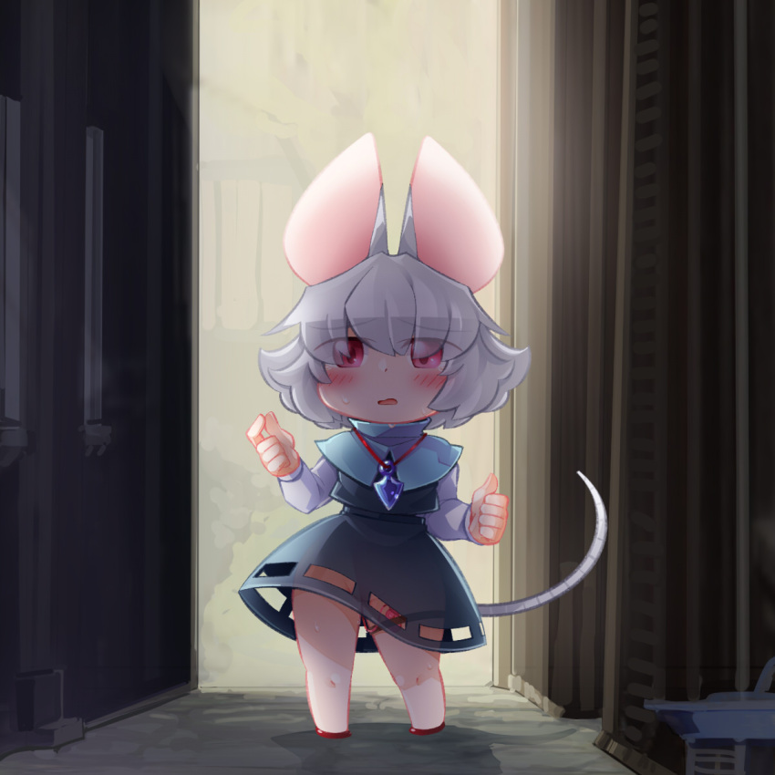 1girl animal_ears bbb_(33kudo) blue_capelet blush capelet commentary_request crystal egg_vibrator eyes_visible_through_hair flat_chest full_body grey_hair grey_skirt grey_vest hair_between_eyes highres jewelry long_sleeves looking_at_viewer medium_bangs mouse_ears mouse_girl mouse_tail nazrin no_panties object_insertion open_mouth pendant red_eyes sex_toy shirt short_hair skirt smile solo standing tail touhou vaginal vaginal_object_insertion vest vibrator vibrator_in_thigh_strap white_shirt
