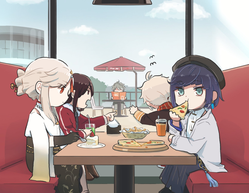 2boys 3girls ahoge alhaitham_(genshin_impact) beidou_(genshin_impact) black_hair brown_gloves brown_hair cake commentary diagonal_bangs eating food genshin_impact glass gloves green_eyes grey_hair grey_jacket highres holding holding_food holding_pizza holding_spoon jacket kaedehara_kazuha long_hair long_sleeves looking_at_another looking_outside multiple_boys multiple_girls ningguang_(genshin_impact) open_mouth outdoors pizza pizza_hut pointing red_eyes red_jacket sidelocks sitting spoon strawberry_shortcake white_hair xinzoruo yelan_(genshin_impact)