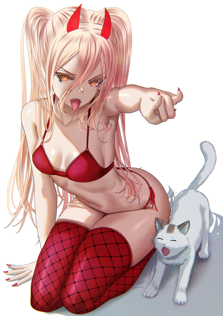 1girl \n/ arm_support bare_shoulders bra breasts cat chainsaw_man cross-shaped_pupils demon_horns eyelashes fingernails hair_between_eyes highres horns kein_hasegawa long_hair looking_at_viewer nail_polish open_mouth orange_eyes panties pink_hair pointing pointing_at_viewer power_(chainsaw_man) red_bra red_horns red_nails red_panties red_thighhighs seiza shadow sharp_fingernails sharp_teeth simple_background sitting small_breasts stomach symbol-shaped_pupils teeth thighhighs thighs tongue tongue_out twintails underwear underwear_only very_long_hair white_background