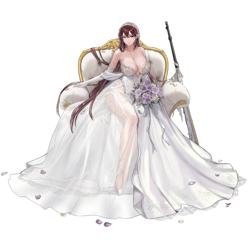 05565 1girl armchair asymmetrical_dress bare_shoulders blue_eyes bouquet breasts brown_eyes chair cleavage closed_mouth collarbone couch covered_navel dress earrings elbow_gloves flower frilled_dress frills full_body game_cg gloves gun hair_between_eyes heterochromia high_heels highres holding holding_bouquet jewelry lace-trimmed_dress lace_trim large_breasts last_origin layered_dress leaf leaf_print lips long_dress long_hair looking_at_viewer low_neckline necklace official_alternate_costume official_art on_couch petals purple_flower purple_rose red_hair ribbon rifle rose rose_petals see-through see-through_dress simple_background sitting smile solo strapless strapless_dress tachi-e third-party_source tiara transparent_background valkyrie_(last_origin) very_long_hair weapon wedding_dress white_dress white_flower white_footwear white_gemstone white_gloves white_ribbon white_rose
