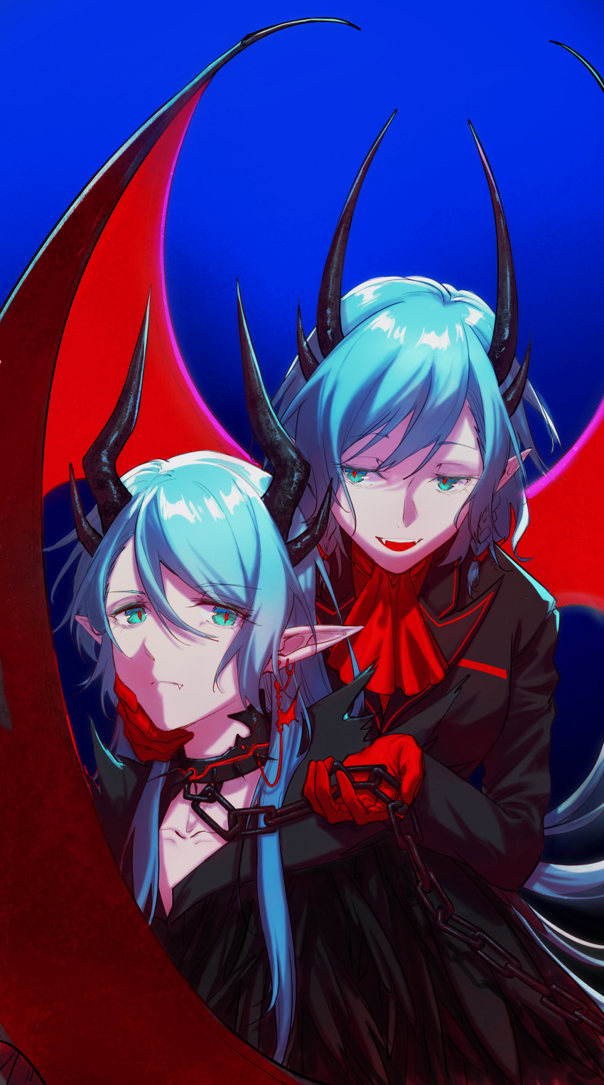 2girls absurdres aqua_hair bang_dream! black_suit blue_background braid chain collar commentary_request demon_girl demon_horns demon_wings fangs gloves green_eyes hand_on_another's_neck highres hikawa_hina hikawa_sayo horns incest long_hair looking_at_another medium_hair metal_collar multiple_girls red_gloves siblings sisters suit twin_braids twincest twins walluka wings yuri
