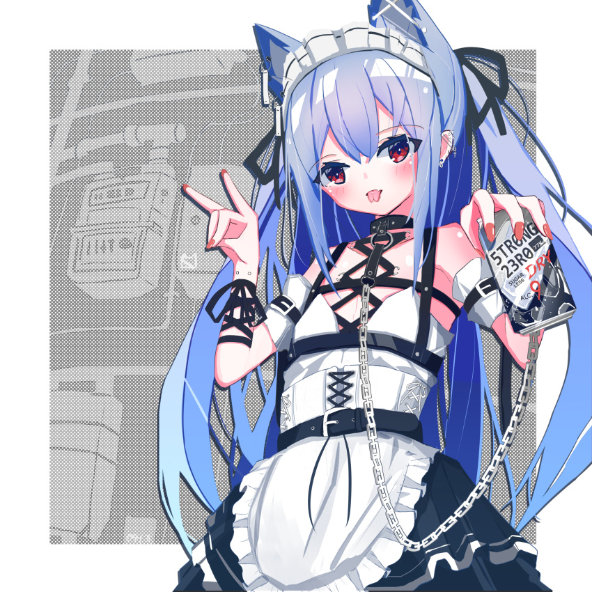 1girl animal_ears apron arm_piercing arm_ribbon armband belt black_ribbon blue_hair blush can chain collar corset corset_piercing ear_piercing extra_ears flat_chest forked_tongue fox_shadow_puppet frilled_apron frills highres holding holding_can industrial_piercing long_hair looking_at_viewer maid maid_headdress original piercing product_placement red_eyes red_nails ribbon sarla strong_zero tongue two_side_up waist_apron white_corset