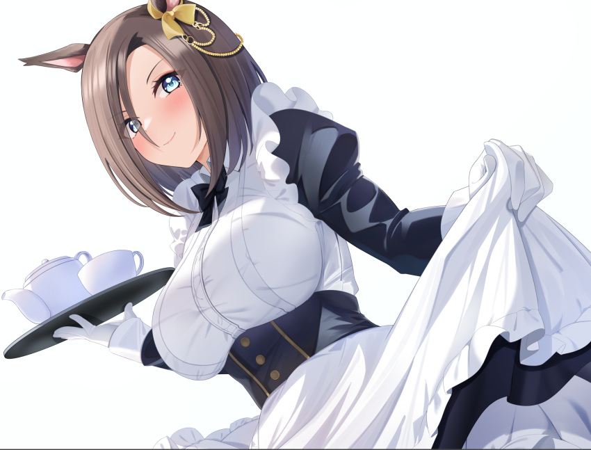 1girl air_groove_(umamusume) alternate_costume animal_ears black_bow black_dress blue_eyes bow breasts closed_mouth clothes_lift commentary cup dress dress_lift ear_ornament enmaided frilled_dress frills gloves highres holding holding_tray horse_ears horse_girl juliet_sleeves kanno_esuto large_breasts lifted_by_self long_sleeves maid puffy_sleeves simple_background smile solo teacup tray umamusume white_background white_gloves