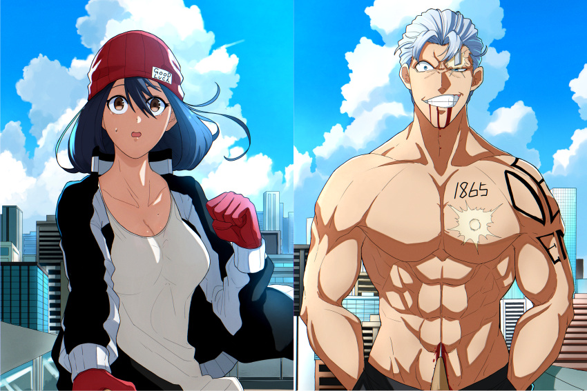 1boy 1girl abs absurdres andy_(undead_unluck) arm_tattoo bare_pectorals black_jacket bleeding blood blue_eyes breasts brown_eyes building city cleavage clenched_hand day gloves grey_hair grin hair_between_eyes hands_in_pockets highres impaled izumo_fuuko jacket long_sleeves medium_breasts medium_hair muscular muscular_male pectorals red_gloves red_headwear shishiruto skullcap skyscraper smile sweatdrop tattoo topless_male undead_unluck