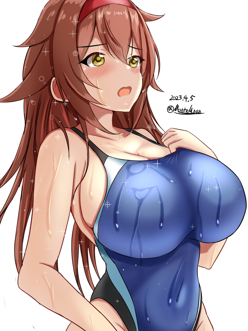 1girl absurdres black_one-piece_swimsuit blue_one-piece_swimsuit blush breasts brown_eyes brown_hair competition_swimsuit covered_navel dated hair_between_eyes hair_flaps hairband highleg highleg_swimsuit highres impossible_clothes impossible_swimsuit kantai_collection large_breasts long_hair looking_at_viewer montemasa multicolored_clothes multicolored_swimsuit one-piece_swimsuit open_mouth red_hairband shiratsuyu_(kancolle) shiratsuyu_kai_ni_(kancolle) simple_background smile solo swimsuit twitter_username two-tone_swimsuit upper_body wet wet_clothes wet_swimsuit white_background