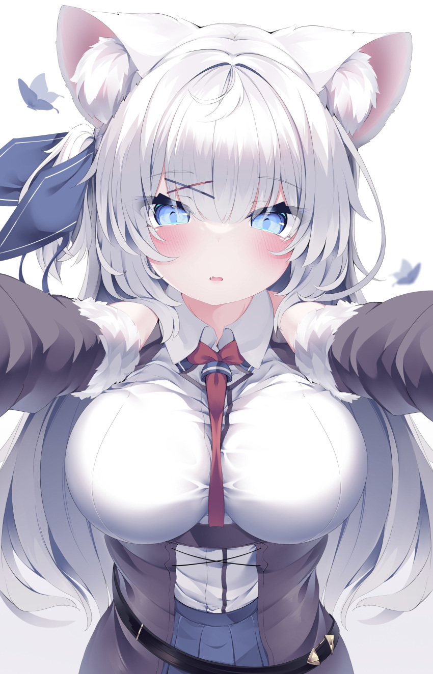 1girl absurdres animal_ear_fluff animal_ears blue_eyes blue_skirt blush breasts detached_sleeves fox_ears fox_girl fur-trimmed_sleeves fur_trim hair_between_eyes highres konagi_(konotuki) large_breasts long_hair looking_at_viewer necktie original outstretched_arms parted_lips pleated_skirt red_necktie shirt simple_background skirt solo upper_body white_background white_hair white_shirt