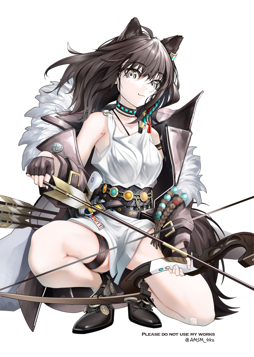 1girl absurdres ahoge animal_ears ankle_boots arknights arrow_(projectile) bare_legs bare_shoulders black_footwear black_gloves black_jacket boots bow_(weapon) breasts brown_hair closed_mouth dress extra_ears fingerless_gloves full_body fur-trimmed_jacket fur_trim gloves highres holding holding_bow_(weapon) holding_weapon jacket jewelry long_hair long_sleeves looking_at_viewer lunacub_(arknights) medium_breasts mole mole_on_arm necklace o-ring_dress off_shoulder simple_background smile solo spread_legs squatting tail thigh_strap weapon white_background white_dress wolf_ears wolf_girl wolf_tail yellow_eyes yokaze_(yokajie)