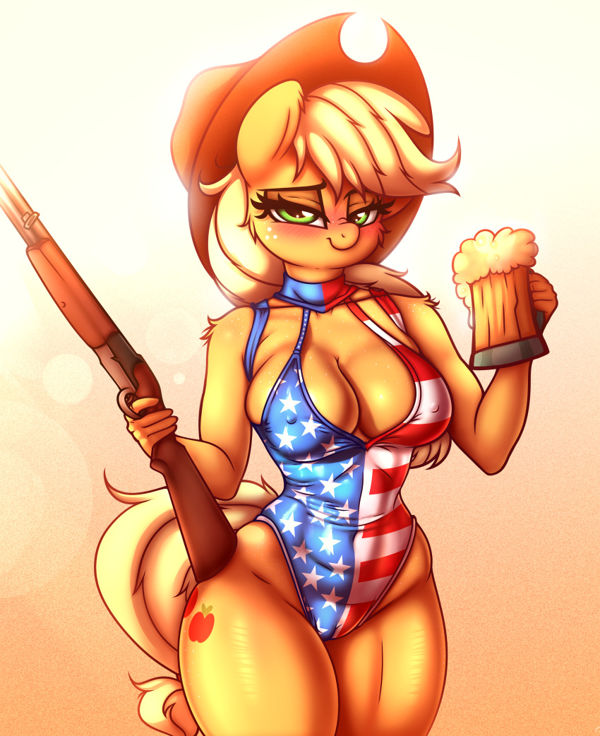 absurd_res anthro anthrofied applejack_(mlp) blonde_hair breasts cleavage clothed clothing cowboy_hat equid equine female freckles friendship_is_magic green_eyes gun hair hasbro hat headgear headwear heavymetalbronyyeah hi_res holding_gun holding_object holding_shotgun holding_weapon horse mammal my_little_pony nipple_outline one-piece_swimsuit pony ranged_weapon shotgun solo swimwear united_states_of_america weapon