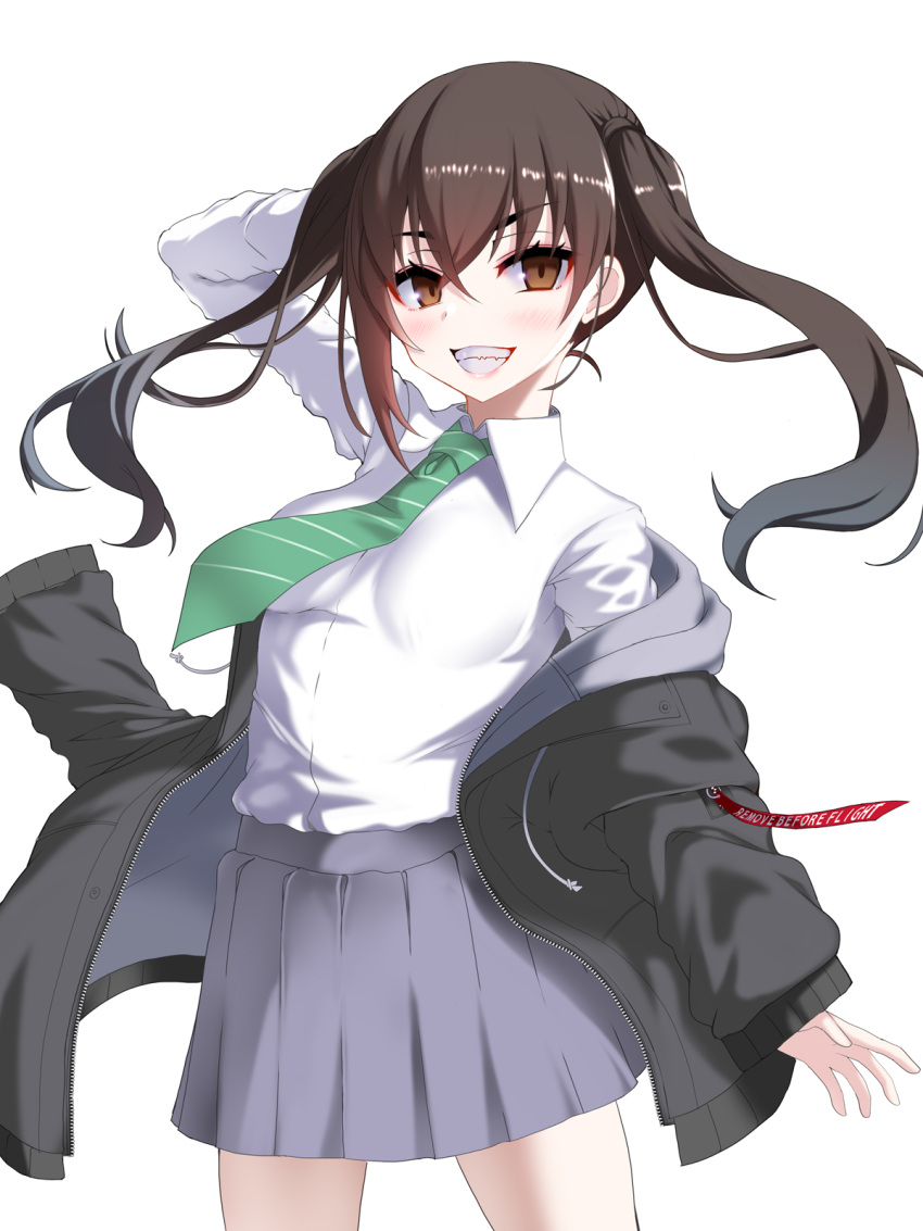 1girl black_jacket brown_eyes brown_hair clenched_teeth collared_shirt commentary_request green_necktie grey_skirt highres idolmaster idolmaster_cinderella_girls jacket looking_at_viewer medium_hair necktie okuri_banto pleated_skirt shirt simple_background skirt smile solo striped_necktie sunazuka_akira teeth twintails white_background white_shirt