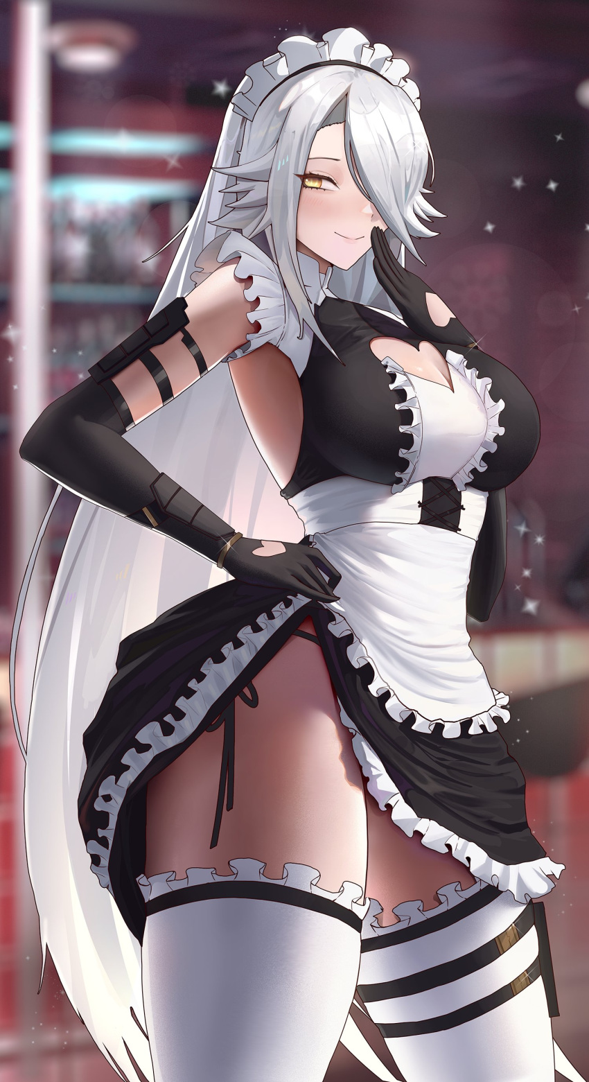 1girl absurdres apron black_dress black_gloves blush breasts cleavage cleavage_cutout clothes_lift clothing_cutout dress dress_lift elbow_gloves gloves hair_over_one_eye heart_cutout highres jamesloves_art large_breasts lifted_by_self looking_at_viewer maid maid_apron maid_headdress sidelocks thighhighs virtual_youtuber vshojo white_apron white_hair white_headwear white_thighhighs yellow_eyes zentreya zentreya_(cyborg)