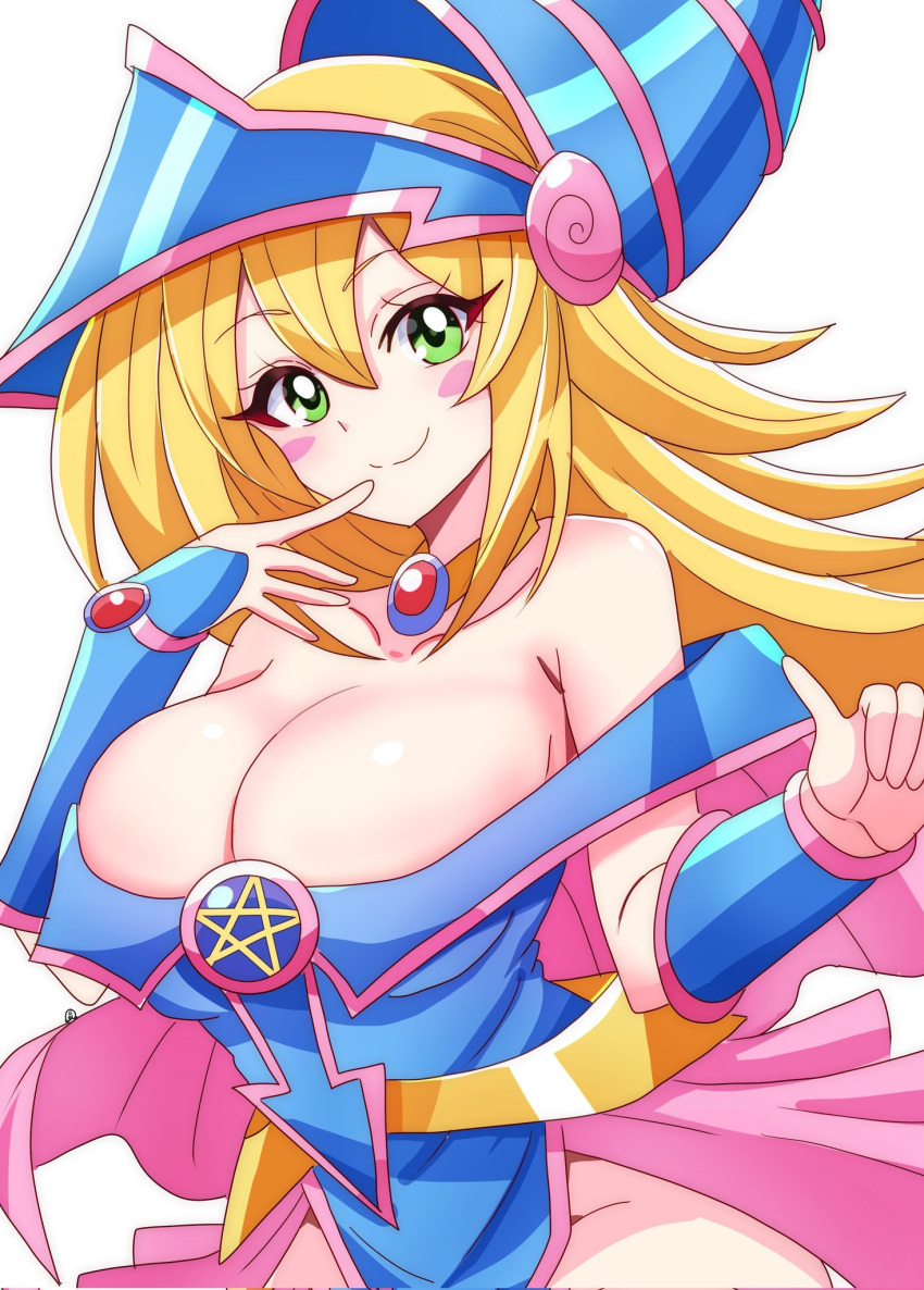 1girl bare_shoulders blonde_hair blue_dress blue_headwear blush blush_stickers breasts capelet cleavage dark_magician_girl dress duel_monster green_eyes hair_between_eyes hat highres large_breasts long_hair looking_at_viewer momotarouooi pentacle smile solo strapless strapless_dress wizard_hat yu-gi-oh! yu-gi-oh!_duel_monsters