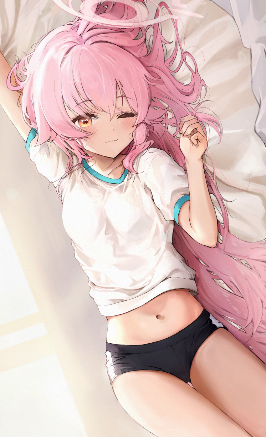 1girl absurdres black_buruma blue_archive blush buruma closed_mouth commentary gokineko_(roachcat) gym_shirt gym_uniform halo highres hoshino_(blue_archive) long_hair looking_at_viewer navel one_eye_closed pink_hair pink_halo shirt short_sleeves solo symbol-only_commentary white_shirt yellow_eyes