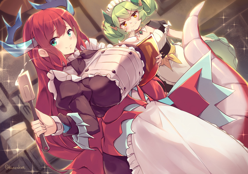 2girls absurdres apron blue_eyes blush bowl breasts dragon_girl dragon_horns dragon_tail dress duel_monster green_eyes green_hair highres holding holding_bowl holding_spatula horns icing juliet_sleeves kanzakietc kitchen_dragonmaid large_breasts long_hair long_sleeves low_wings maid maid_apron maid_headdress multiple_girls parlor_dragonmaid puffy_sleeves red_hair short_sleeves sparkle spatula tail twitter_username wings yellow_eyes yu-gi-oh!