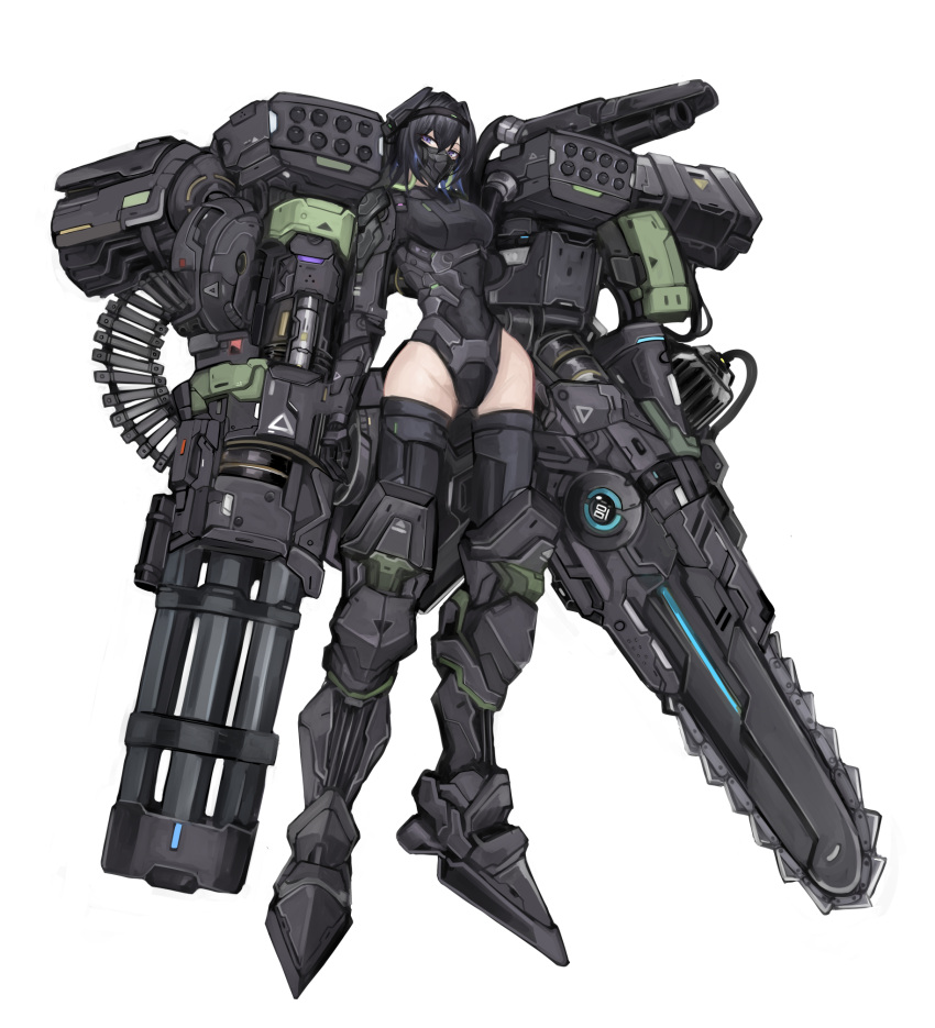1girl ammunition_belt aokuma_(yuuran_create) armor black_hair breasts cannon chainsaw full_body gatling_gun highres looking_at_viewer mask mecha_musume medium_breasts missile_pod mouth_mask original purple_eyes science_fiction short_hair solo thighhighs white_background