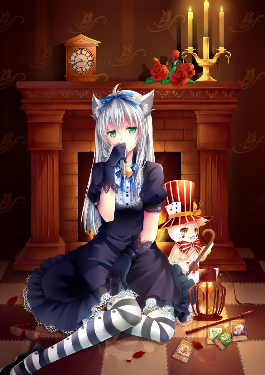 1girl :q absurdres animal_ears ankle_ribbon bell black_dress black_gloves black_pantyhose blue_eyes bow bowtie bracelet buttons candle candlestand cane cape card cat_ears cat_girl cathy_(yu-gi-oh!) checkered_floor clock commentary_request dress duel_monster eyewear_removed fire fireplace flower full_body glasses gloves gothic_lolita green_eyes gyaza hair_ribbon hand_on_own_thigh hand_to_own_mouth hat heart heterochromia highres holding holding_hair hourglass indoors jewelry jingle_bell lace lace-trimmed_dress lace-trimmed_gloves lace_trim leg_ribbon lock_cat lolita_fashion long_hair looking_at_viewer madolche_mewfeuille mary_janes neck_ribbon on_floor pantyhose petals photoshop_(medium) playing_card print_pantyhose puffy_short_sleeves puffy_sleeves red-framed_eyewear red_flower red_rose reflection rescue_cat ribbon rinyan_lightsworn_rogue rose shadow shoes short_sleeves sitting solo spade_(shape) striped striped_pantyhose stuffed_animal stuffed_cat stuffed_toy tongue tongue_out topknot vertical_stripes white_hair white_pantyhose yellow_eyes yokozuwari yu-gi-oh! yu-gi-oh!_zexal