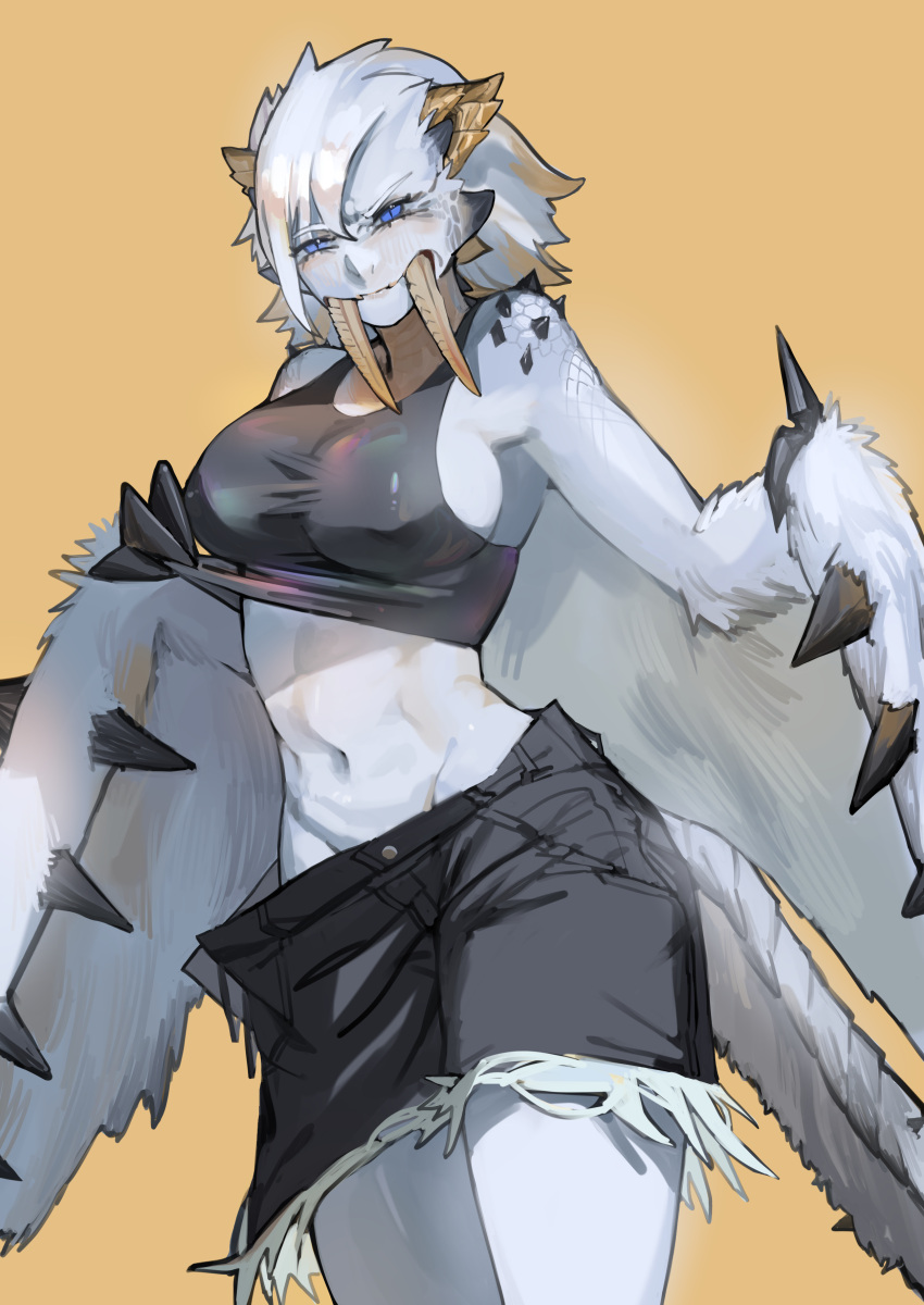 1girl absurdres barioth black_shorts blue_eyes breasts claws cleavage closed_mouth cropped_feet furry furry_female highres horns large_breasts looking_at_viewer miao_jiangyou midriff monster_girl monster_hunter_(series) navel personification pulling short_hair shorts sideboob sleeveless slit_pupils solo spikes standing tail tusks white_fur white_hair wings