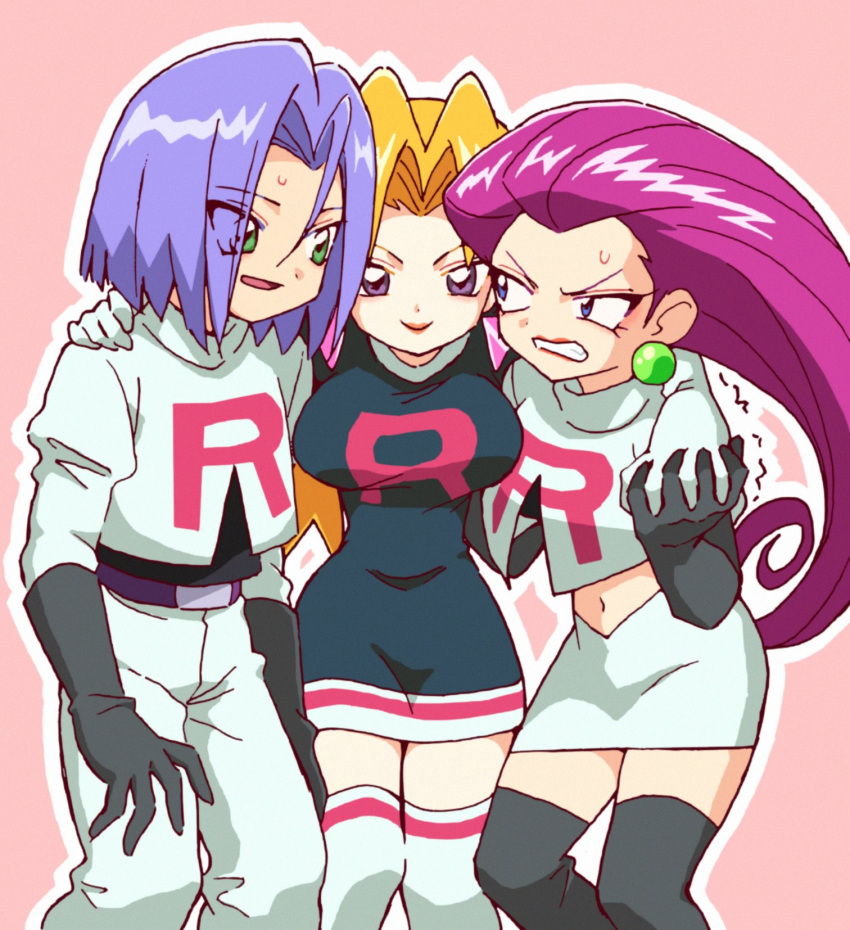 1boy 2girls angry blonde_hair blue_eyes cassidy_(pokemon) embarrassed green_eyes highres james_(pokemon) jessie_(pokemon) macchiromomomo multiple_girls pink_background pink_hair pokemon pokemon_(anime) purple_eyes purple_hair smile team_rocket