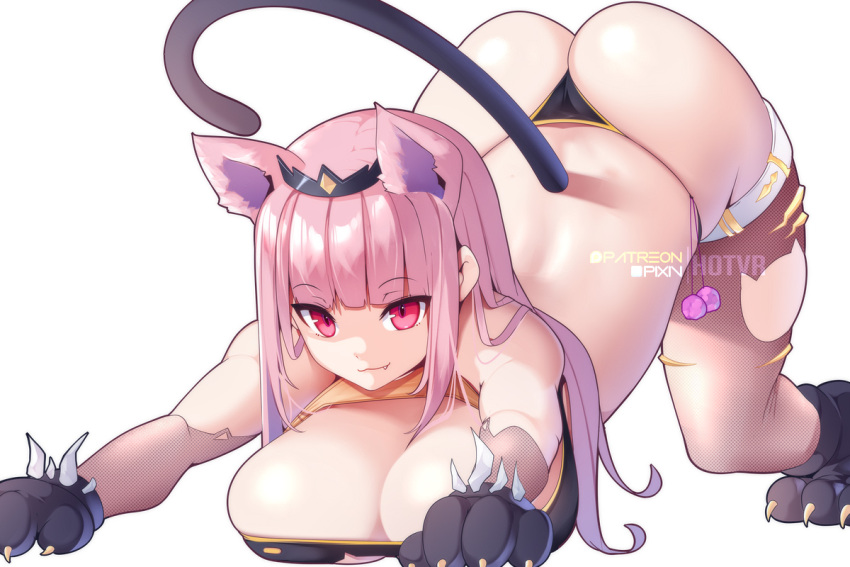 1girl animal_ears animal_hands ass breasts cat_ears cat_girl cat_tail cleavage gloves hololive hololive_english hot_vr large_breasts long_hair looking_at_viewer mori_calliope paw_gloves pink_hair red_eyes simple_background smile solo tail thong tiara virtual_youtuber white_background