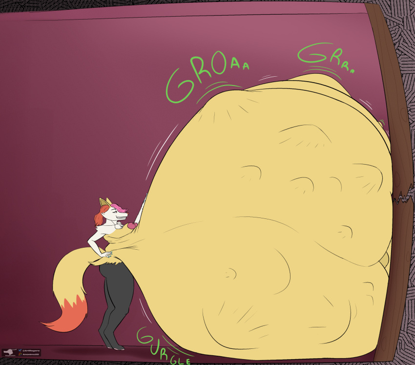abstract_background absurd_res anthro areola braixen breaking_wall breasts bulge butt canid canine colored_nails digestion_noises ear_hair fan_character female fur generation_6_pokemon hand_on_hip hand_on_stomach hi_res huge_belly inner_ear_fluff internal_wall looking_at_belly mammal mass_vore multicolored_body multicolored_fur multiple_prey nails navel nintendo on_wall pokemon pokemon_(species) rogero_(artist) rumbling_stomach smile solo tail thick_thighs tuft two_tone_body two_tone_fur vore wall_(structure) watermark wood wood_wall