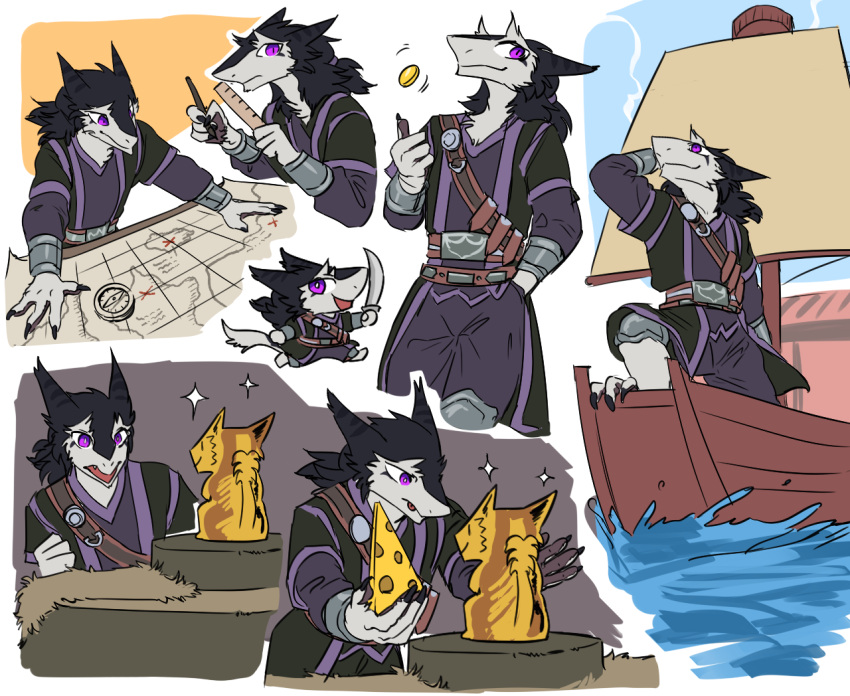 2023 anthro boat chibi clothed clothing coin coin_flip gold_(metal) male map mayo-san melee_weapon multiple_poses pose sailing_boat sailing_watercraft sergal solo standing sword vehicle water watercraft weapon