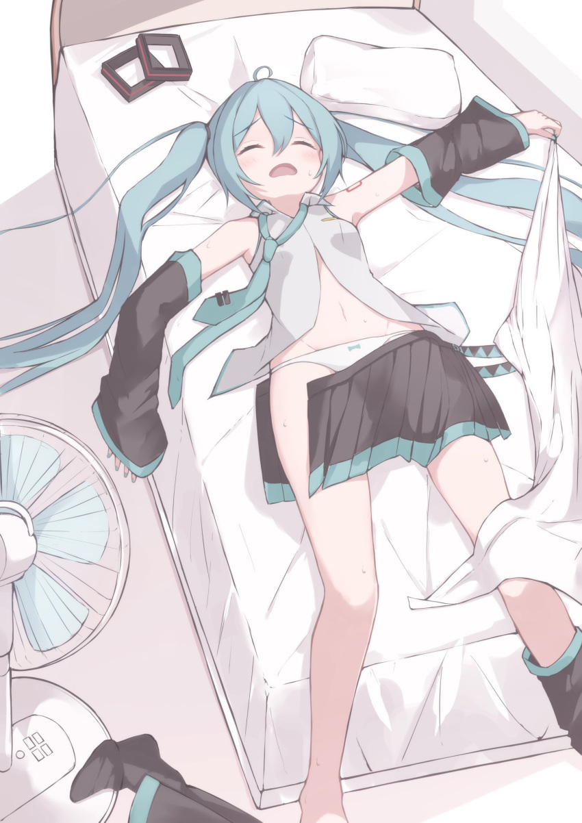 1girl ahoge aqua_hair aqua_nails aqua_necktie bare_shoulders black_skirt black_sleeves black_thighhighs blanket closed_mouth detached_sleeves electric_fan feet_out_of_frame furrowed_brow grey_shirt groin hair_ornament hair_ornament_removed hatsune_miku highres holding holding_blanket hot indoors light_blush long_hair lying midriff miniskirt navel necktie okome_(okome_0627ha) on_back on_bed open_clothes open_mouth open_shirt open_skirt panties pillow pleated_skirt shirt shoulder_tattoo skirt sleeveless sleeveless_shirt sleeves_past_wrists solo sweat tattoo thighhighs thighhighs_removed tie_clip twintails underwear very_long_hair vocaloid