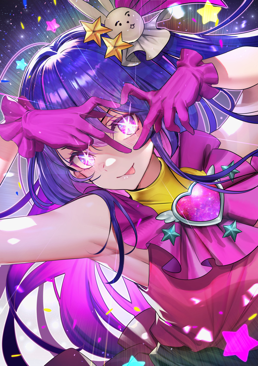 1girl absurdres armpits belt black_belt blush brooch commentary dress frilled_gloves frills gloves hair_between_eyes hair_ornament heart heart_brooch heart_hands heart_hands_over_eye highres hoshino_ai_(oshi_no_ko) idol idol_clothes jewelry lens_flare long_hair looking_at_viewer one_side_up oshi_no_ko outline pink_dress pink_gloves purple_eyes purple_hair rabbit_hair_ornament sidelocks sleeveless sleeveless_dress smile solo sparkling_eyes star-shaped_pupils star_(symbol) star_hair_ornament symbol-shaped_pupils teddy_(khanshin) tongue tongue_out turtleneck_dress upper_body white_outline