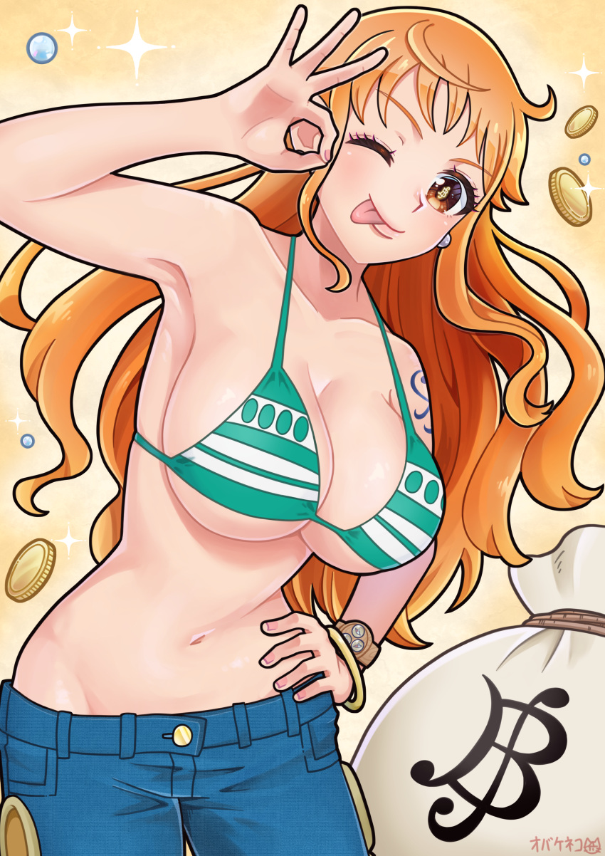 1girl absurdres armpits artist_name bag bikini bikini_top_only bracelet breasts cleavage coin denim earrings gold_coin groin hand_on_own_hip highres jeans jewelry large_breasts long_hair midriff money_bag nami_(one_piece) navel obakeneko ok_sign one_eye_closed orange_hair pants solo sparkle swimsuit tattoo tongue tongue_out yellow_background