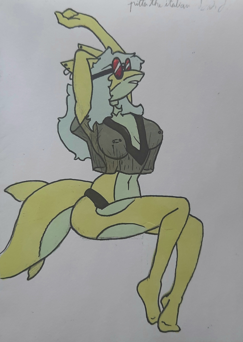 anthro blue_hair clothed clothing crop_top ear_piercing eyewear female fish glasses hair hi_res invalid_background lemon_shark marine nipple_piercing nipples piercing requiem_shark shark shirt skimpy solo thong topwear translucent translucent_clothing underwear v-neck