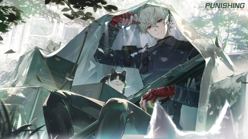 1boy animal artist_request belt birthday box cat covering_head fingerless_gloves gloves grass gun head_tilt highres holding holding_weapon knife looking_at_viewer mechanical_parts mole official_art punishing:_gray_raven rainy_days rifle sitting smile sniper_rifle sunlight tree wanshi_(punishing:_gray_raven) weapon white_hair yellow_eyes