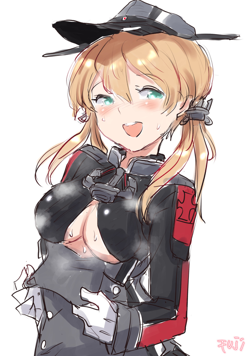 1girl anchor_hair_ornament anchor_ornament aqua_eyes artist_name blonde_hair breasts cross fuji_(pixiv24804665) gloves hair_ornament hat highres iron_cross kantai_collection long_hair looking_at_viewer low_twintails military_hat military_uniform open_mouth peaked_cap prinz_eugen_(kancolle) round_teeth simple_background smile solo standing sweat teeth twintails underboob uniform upper_body upper_teeth_only white_background white_gloves