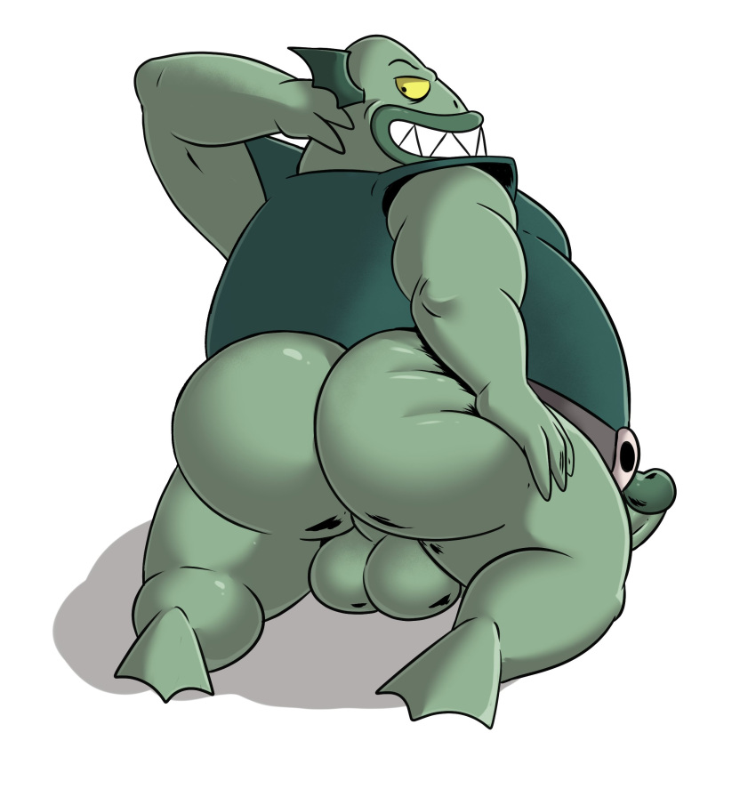 absurd_res amphibian anthro balls big_butt bottomless bottomless_anthro bottomless_male buff_frog butt clothed clothing disney frog genitals green_clothing green_shirt green_topwear hi_res male ofstrial overweight overweight_anthro overweight_male penis shirt simple_background solo star_vs._the_forces_of_evil teeth topwear white_background