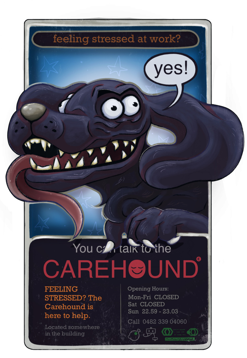 4_eyes ambiguous_gender canid canine canis carehound claws domestic_dog don't_hug_me_i'm_scared english_text feral floppy_ears hi_res mammal multi_eye pidgequill poster sharp_teeth snout solo teeth text tongue tongue_out