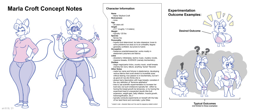 2021 abs anthro belly big_breasts big_butt bikini bodily_fluids bottomwear breast_expansion breasts butt canid canine chibi clothing coat concept_art copyright_symbol crying digital_media_(artwork) emanata english_text expansion eyes_closed eyewear female fennec footwear fox goggles hi_res huge_breasts huge_butt huge_thighs hyper hyper_breasts lab_coat liquid long_neck mammal marla_(satsumalord) muscular muscular_anthro muscular_female navel pants question_mark safety_goggles satsumalord shirt shoes sketch solo swimwear symbol tears text thick_thighs topwear transformation vial wide_hips