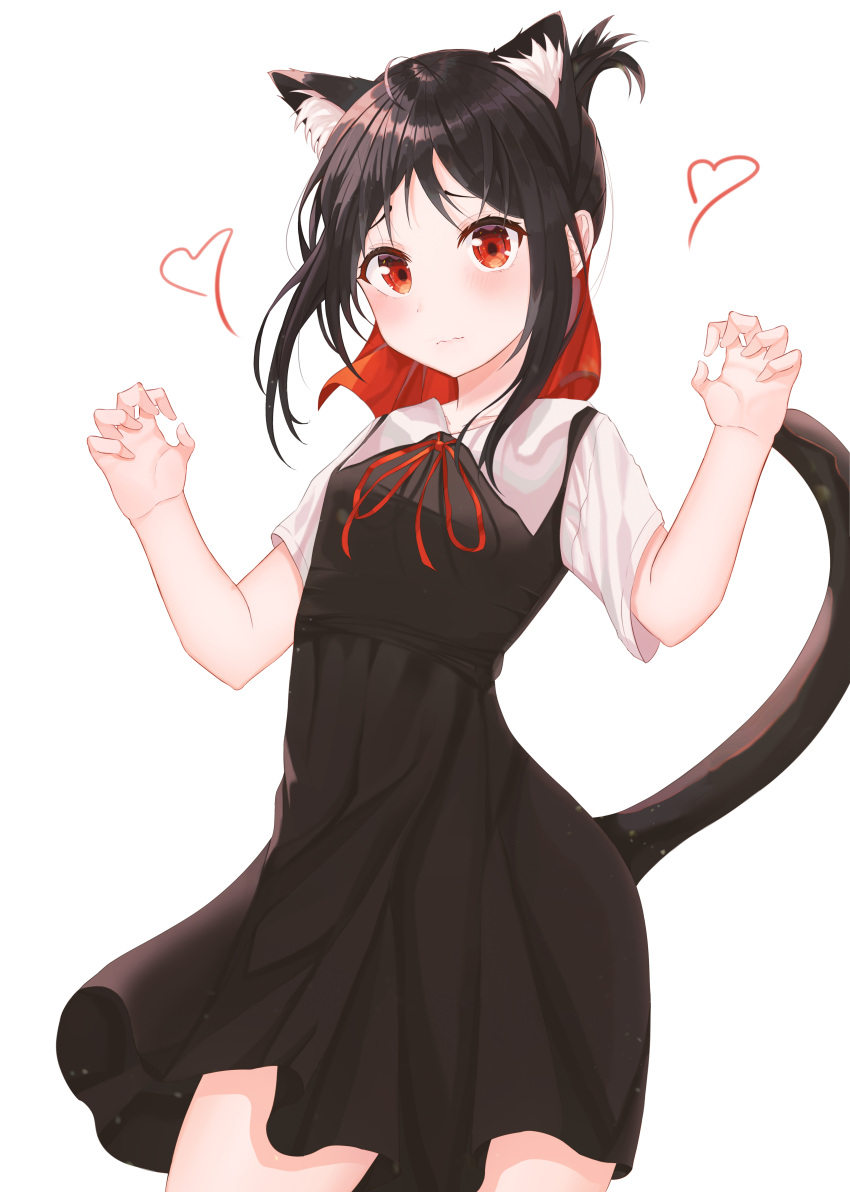 1girl 3: absurdres ahoge animal_ear_fluff animal_ears black_dress black_hair black_tail blush bow breasts cat_ears cat_girl cat_tail closed_mouth commentary cowboy_shot dress eyebrows_hidden_by_hair folded_ponytail frown furrowed_brow hair_bow heart highres k.j. kaguya-sama_wa_kokurasetai_~tensai-tachi_no_renai_zunousen~ long_hair looking_at_viewer parted_bangs paw_pose pinafore_dress red_bow red_eyes red_ribbon ribbon school_uniform shinomiya_kaguya shirt short_sleeves shuuchiin_academy_school_uniform shy sidelocks simple_background sleeveless sleeveless_dress small_breasts standing summer_uniform tail upturned_eyes w_arms white_background white_shirt