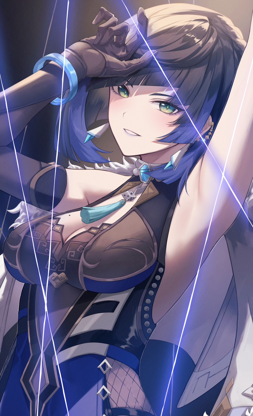 1girl absurdres arm_up armpits black_gloves black_hair blue_hair bob_cut breasts diagonal_bangs earrings elbow_gloves genshin_impact gloves green_eyes hal_aluha highres jewelry large_breasts looking_at_viewer mole mole_on_breast multicolored_hair smile solo upper_body yelan_(genshin_impact)