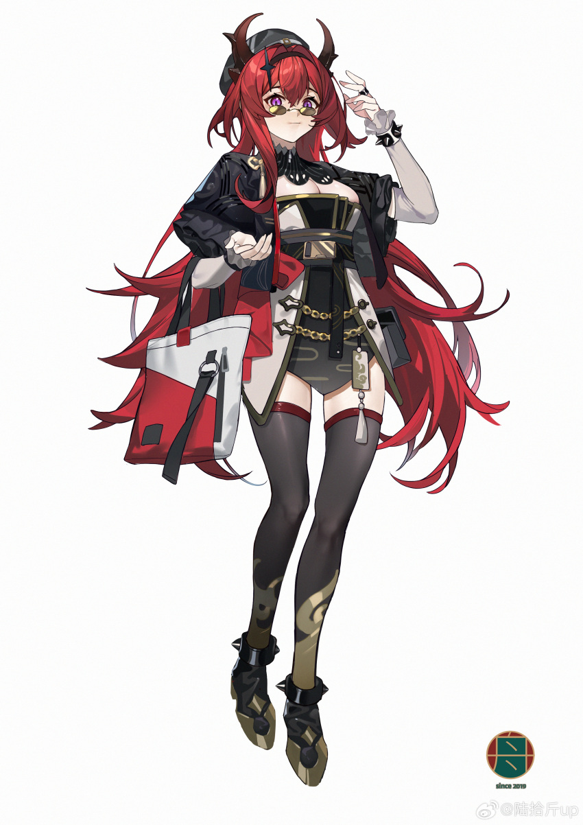 1girl absurdres alternate_costume arknights bag black_dress black_jacket black_thighhighs breasts cleavage cropped_jacket demon_horns dress full_body highres holding holding_bag horns jacket long_hair looking_at_viewer looking_over_eyewear lushi_jin_up open_clothes open_jacket red_hair small_breasts solo standing sunglasses surtr_(arknights) tachi-e thighhighs tinted_eyewear very_long_hair weibo_logo weibo_username yellow-tinted_eyewear