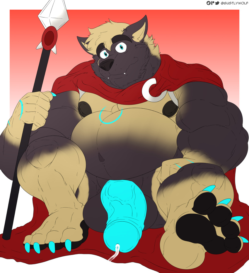 anthro balls barazoku big_balls big_penis bodily_fluids canid canine cape clothed clothing erection fur genital_fluids genitals hi_res huge_balls huge_penis humanoid_genitalia humanoid_penis hyper hyper_genitalia hyper_penis incrediblecrocodile looking_at_viewer male mammal muscular muscular_anthro muscular_male nipples pecs penis simple_background solo