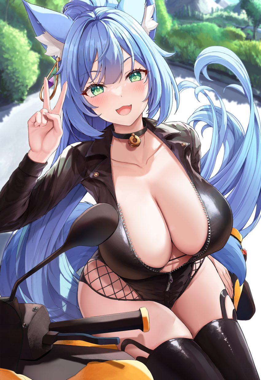 1girl :d absurdres animal_ear_fluff animal_ears black_choker black_leotard black_thighhighs blue_hair blush borrowed_character breasts choker cleavage collarbone commission day earrings english_commentary fangs fox_ears fox_girl fox_tail green_eyes grin high_ponytail highres jewelry large_breasts leotard long_hair long_sleeves motor_vehicle motorcycle on_vehicle open_mouth original outdoors oxenia partially_unzipped road single_earring sister_reine_(foxyreine) sitting smile solo tail thighhighs thighs v very_long_hair zipper_pull_tab