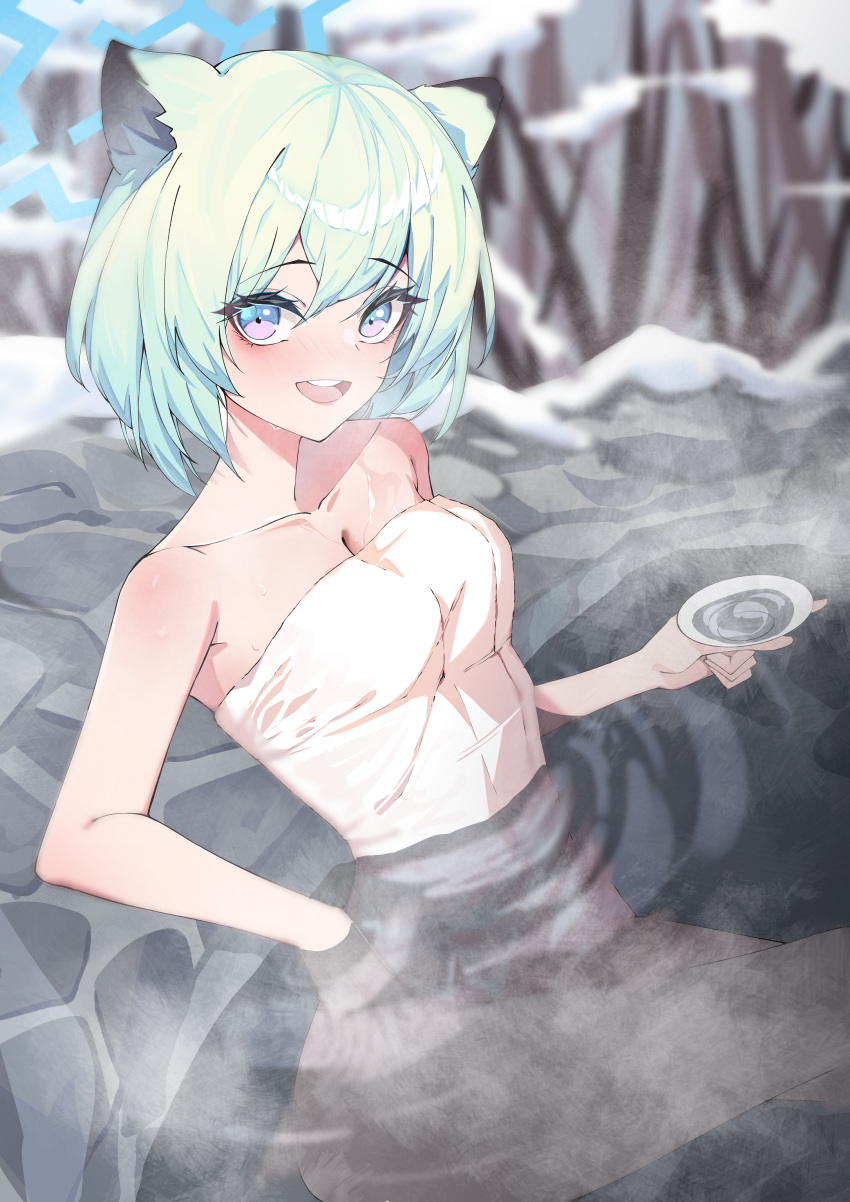 1girl absurdres animal_ear_fluff animal_ears bare_shoulders blue_archive blue_eyes blush breasts cleavage collarbone crossed_legs cup gradient_eyes halo highres holding holding_cup its2h35 light_green_hair looking_at_viewer medium_breasts multicolored_eyes naked_towel onsen open_mouth outdoors partially_submerged purple_eyes sakazuki shigure_(blue_archive) short_hair sitting smile snow solo steam teeth towel upper_teeth_only weasel_ears