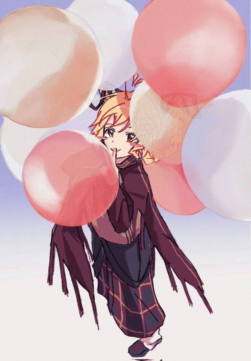 1other alternate_costume androgynous antenna_hair balloon black_footwear blonde_hair blue_background blush_stickers braid cape chinese_commentary closed_mouth commentary_request fensedekaoji finger_to_own_chin fringe_trim full_body gradient_background hair_lift hair_ribbon heart heart_antenna_hair heart_in_eye highres len'en long_hair long_sleeves looking_at_viewer low_twin_braids ooama_no_ake_no_mitori other_focus plaid plaid_skirt red_cape red_ribbon red_skirt ribbon skirt slippers smile socks solo symbol_in_eye twin_braids white_socks yellow_background yellow_wings