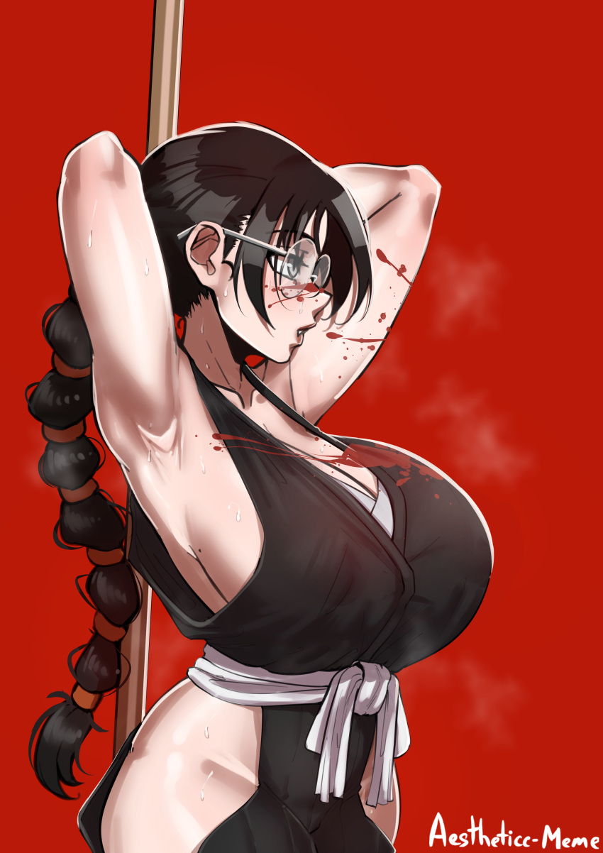 1girl absurdres aestheticc-meme armpits arms_up black_hair black_kimono bleach blood blood_on_arm blood_on_clothes blood_on_face braid breasts from_side glasses haori highres huge_breasts japanese_clothes katori_batsuunsai kimono long_hair presenting_armpit red_background round_eyewear sash shinigami single_braid solo taichou_haori white_sash