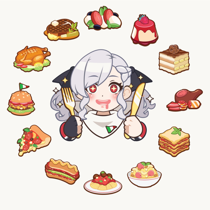 1girl absurdres asymmetrical_bangs bird black_ribbon blush burger chicken food fork girls'_frontline glutton grey_hair gun hair_ornament hair_ribbon highres holding holding_fork holding_knife italian_flag kaede6767 knife long_hair looking_at_viewer open_mouth pump_action red_eyes ribbon saliva shotgun simple_background smile solo spas-12 spas-12_(girls'_frontline) twintails weapon