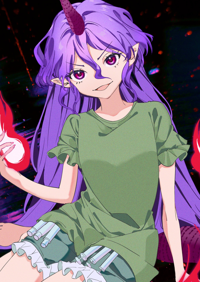 1girl absurdres fingernails fire green_shirt green_shorts highres horns long_hair mizoreshi open_mouth pointy_ears purple_hair purple_horns red_eyes shirt short_sleeves shorts single_horn solo syringe tail tenkajin_chiyari test_tube touhou