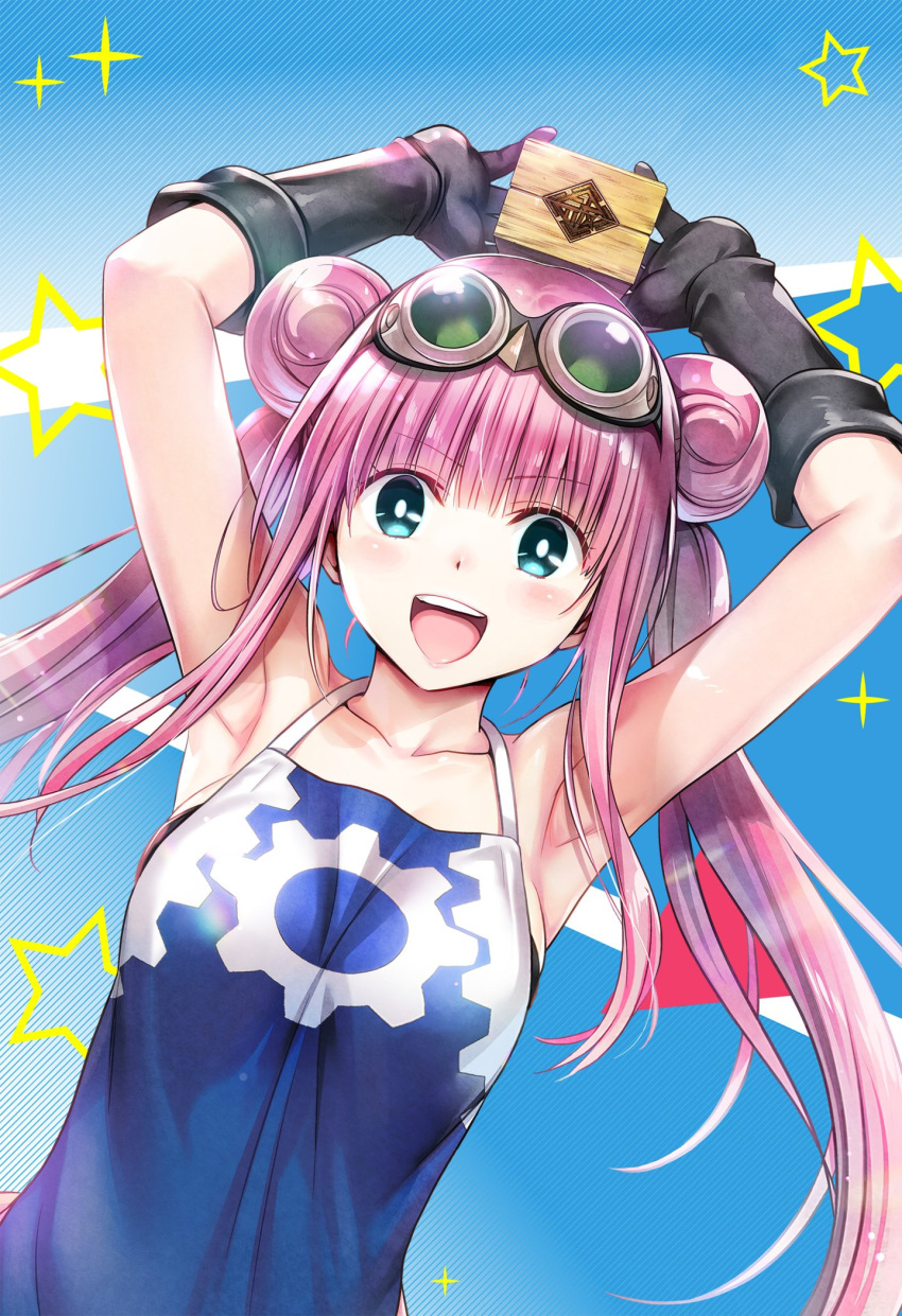 1girl :d ayakashi_triangle bare_shoulders black_gloves blue_background blue_eyes blush cleaned commentary derivative_work double_bun english_commentary eyelashes gloves hair_bun happy highres korogi_reo long_hair looking_at_viewer momocchi18 official_art open_mouth pink_hair smile solo twintails yabuki_kentarou