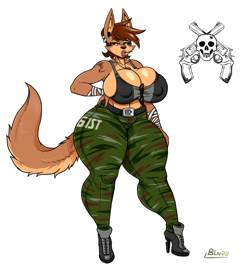 2020 alpha_channel anthro big_breasts biting_on_toothpick bottomwear bra breasts brown_eyebrows brown_hair brown_nose canid canine canis cleavage clothed clothing ear_piercing eyebrows eyewear female fingers footwear fur glasses hair hi_res jackal mammal nipple_outline oblivionrising pants piercing shoes side_boob solo tail tan_body tan_fur tattoo toothpick underwear