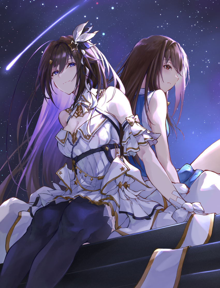 2girls absurdres arm_support asahi_tsujino bare_shoulders blue_eyes blue_thighhighs breasts brown_eyes brown_hair cleavage comet detached_sleeves dress dual_persona feet_out_of_frame frilled_sleeves frills hair_flaps hair_ornament hairclip halter_dress halterneck high-low_skirt highres hololive long_hair medium_breasts multiple_girls official_alternate_costume overskirt pleated_dress ribbon short_dress sitting sitting_on_stairs sky stairs star_(sky) star_(symbol) star_hair_ornament starry_sky thighhighs tokino_sora tokino_sora_(4th_costume) tokino_sora_(old_design) virtual_youtuber white_dress wrist_ribbon