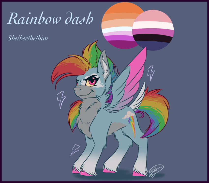 2023 black_border black_eyebrows blue_body blue_feathers blue_fur blue_wings border cutie_mark eyebrows feathering feathers female feral fluffyfoxarts friendship_is_magic fur genderfluid_pride_colors grey_background grey_body grey_fur hair hasbro hi_res hooves lesbian_pride_colors lgbt_pride mane multicolored_body multicolored_fur multicolored_hair multicolored_mane multicolored_tail my_little_pony pink_body pink_eyes pink_feathers pink_hooves pink_wings pride_colors pronouns rainbow_dash_(mlp) rainbow_hair rainbow_mane rainbow_tail signature simple_background solo tail text two_tone_wings white_body white_fur white_text wings yellow_sclera