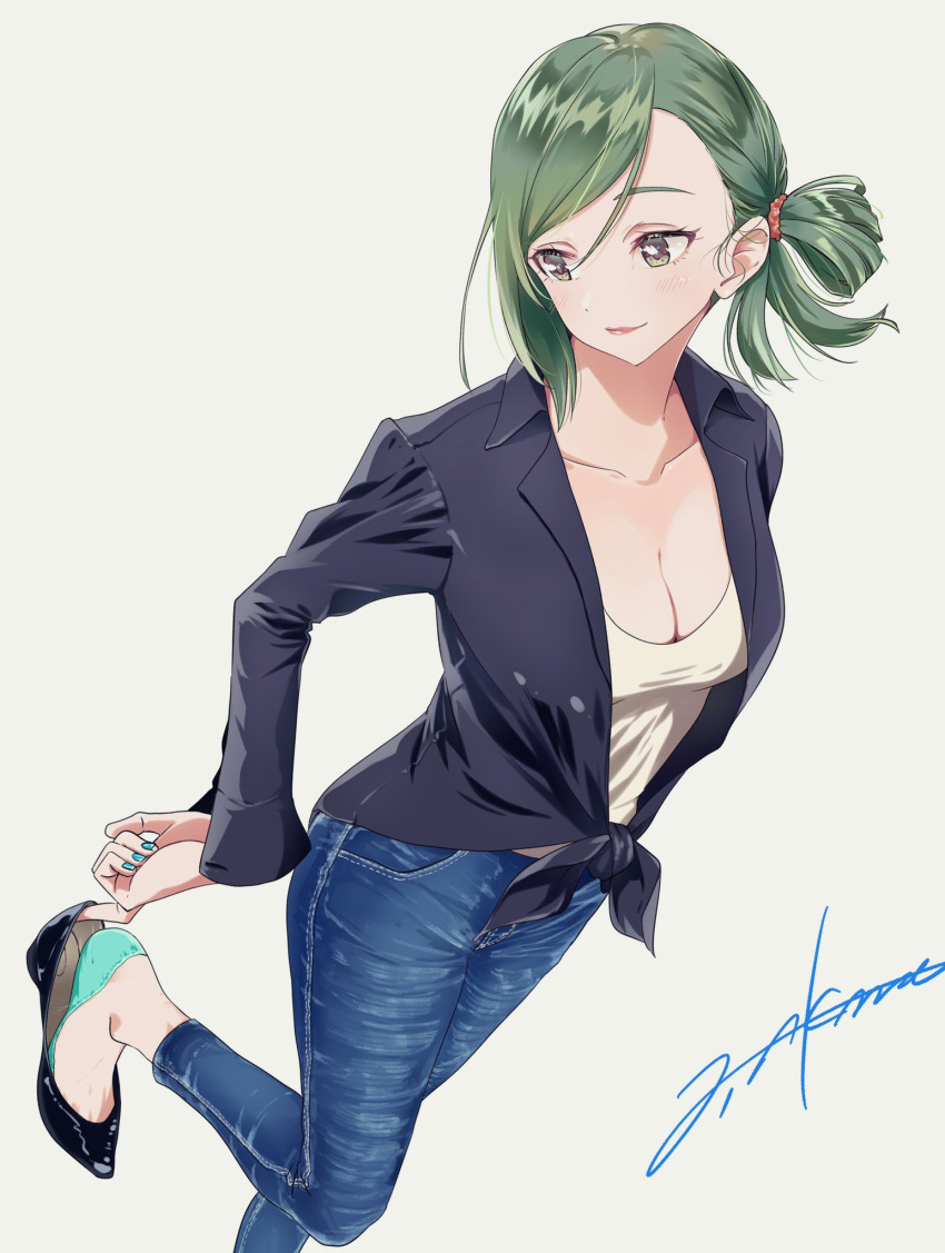 1girl akane_(getwild23) ankle_socks artist_name black_jacket blue_nails blush breasts cleavage closed_mouth collarbone denim folded_ponytail green_eyes green_hair green_socks grey_background high_heels highres idolmaster idolmaster_shiny_colors jacket large_breasts long_hair nanakusa_hazuki open_clothes open_jacket putting_on_legwear shirt simple_background smile socks solo standing standing_on_one_leg white_shirt